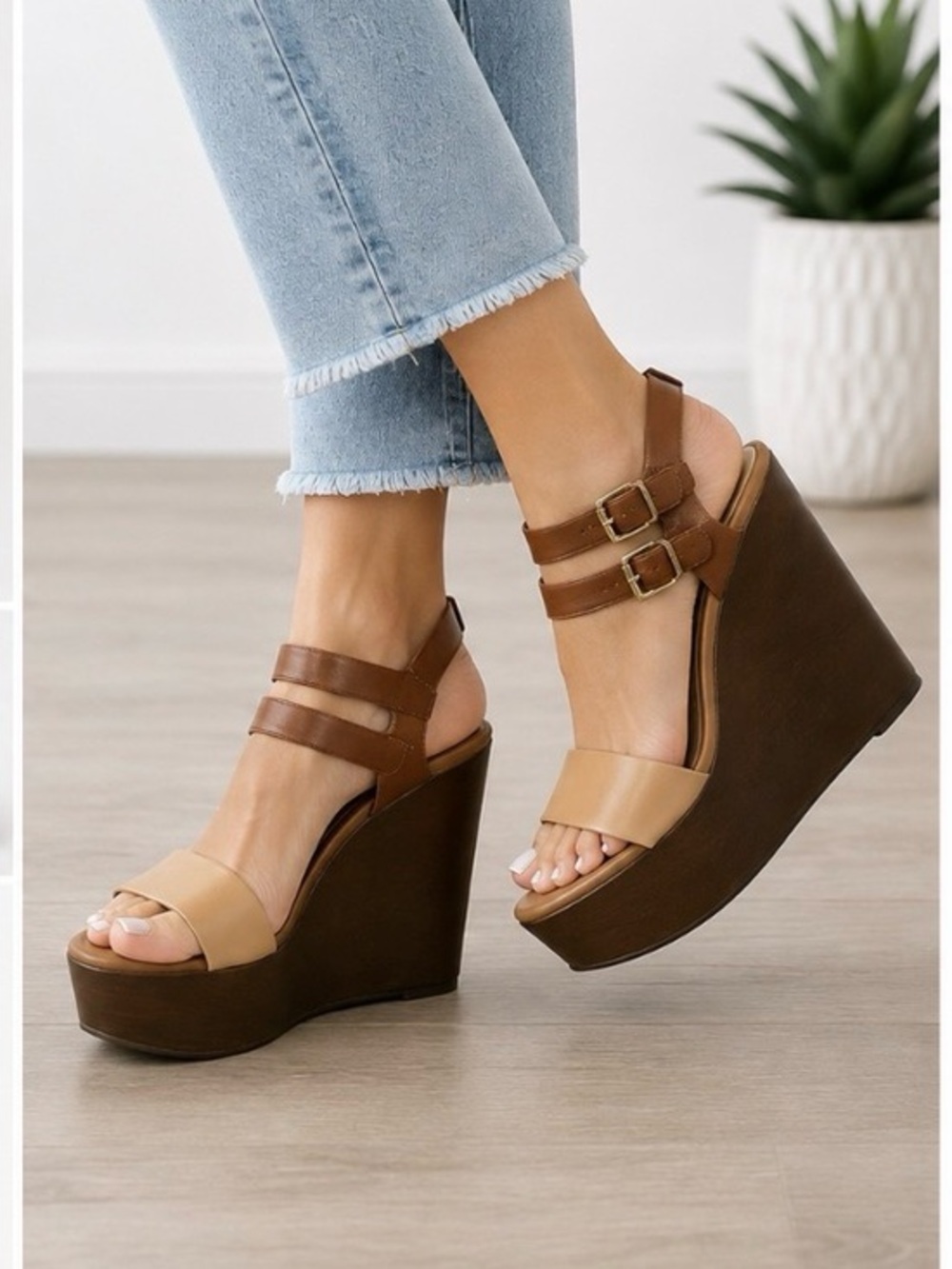BAMBOO Two-Tone Tan & Dark Brown Wedge Sandals Size 5.5